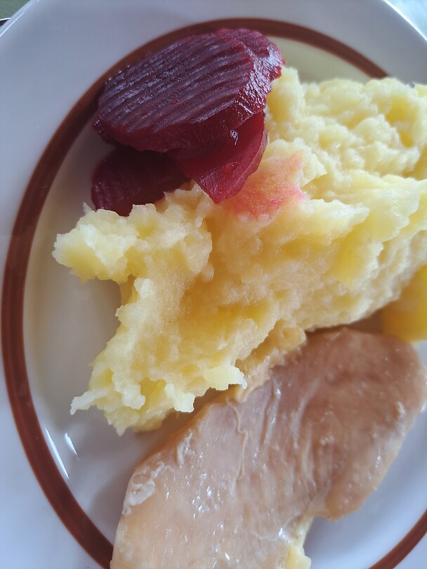 Aardappelpuree met kip en rode bieten