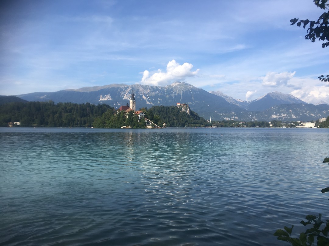 Het eiland, met op de achtergrond de kerk, Bled en de bergen