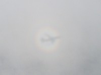 Schaduw van het vliegtuig op de wolken eronder...
