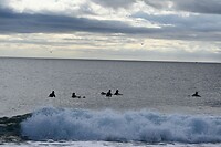 Surfers wachten op de juiste "wave"