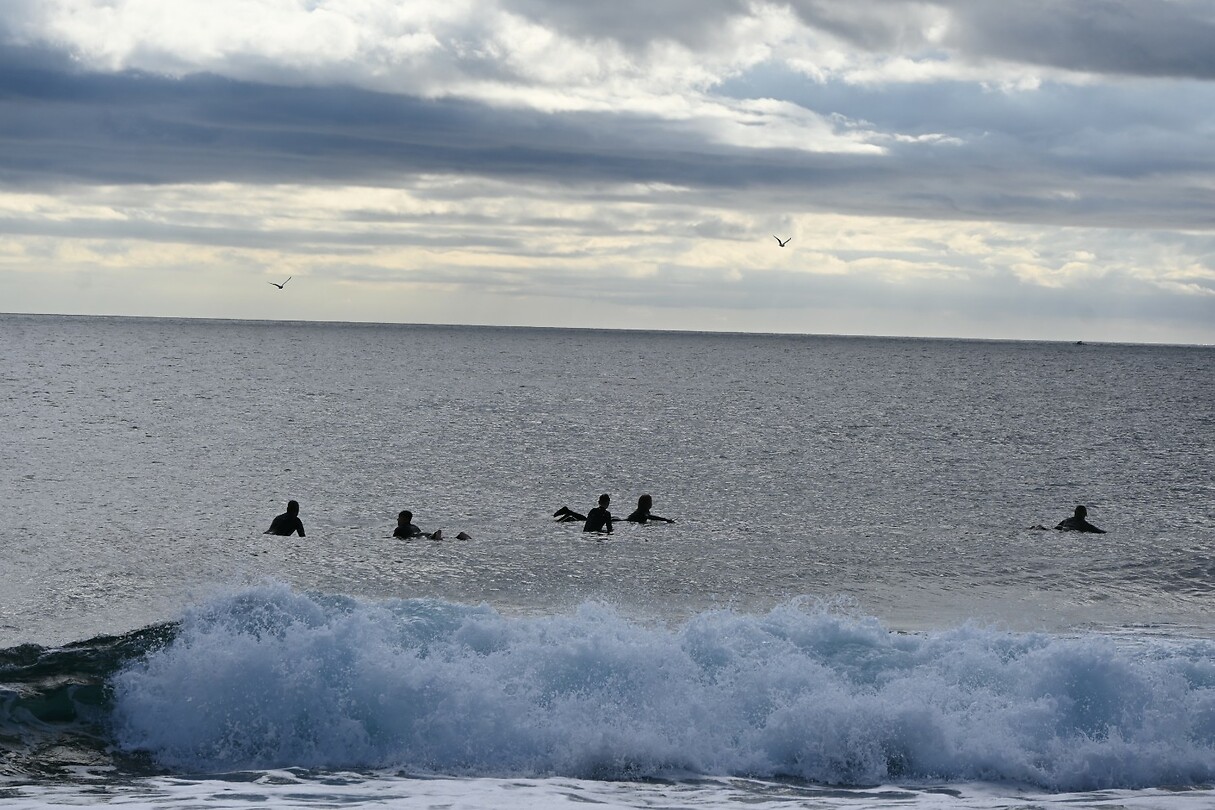 Surfers wachten op de juiste "wave"