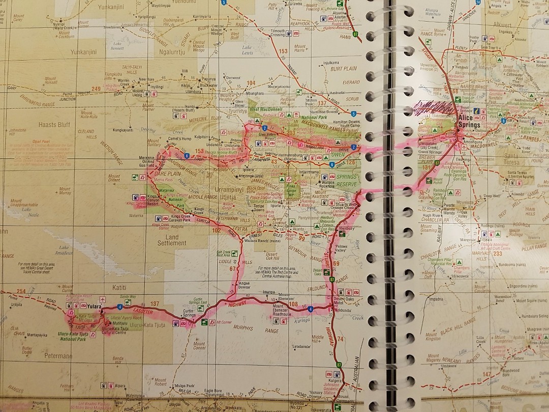 De gereden route Alice Springs en omgeving