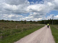 Weg, weilanden en wolken.