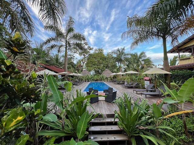 Uitzicht op zwembad van hotel Island Plantation
