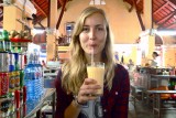 Enjoying a anti-hangover mango shake