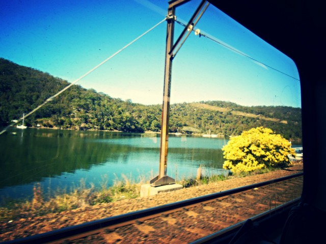 In de trein op weg naar Gosford voor the Reptile Park