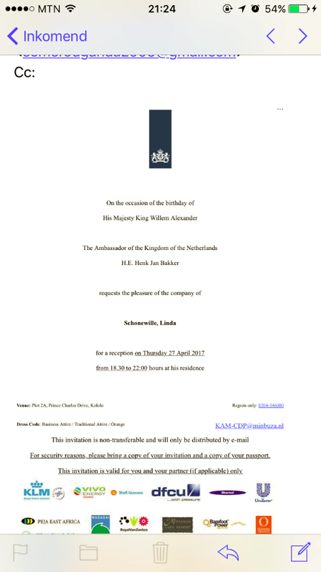 Onze uitnodiging van de Nederlandse ambassade