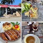 Mijn lunch, brochette coquille en magret de canard, dessert koffie met myrtelikeur.