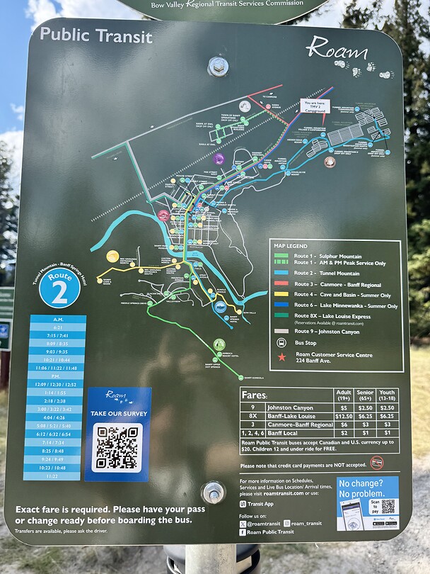 De busroutes van Banff incl stop op onze camping (route 2)!
