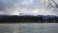 Besneeuwde bergen achter de Athabasca rivier