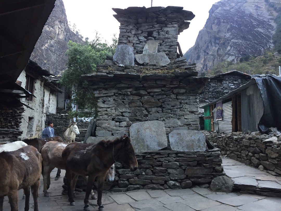 Een chorten middenin het dorp Jagat