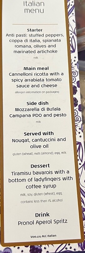 menu of the flight for me, Italian