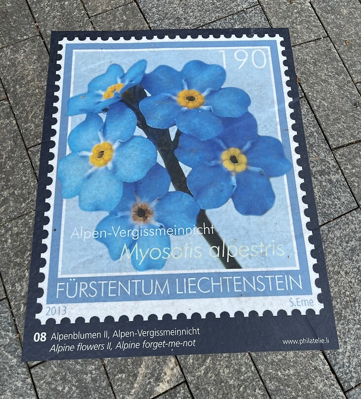 Op straat lagen afbeeldingen van postzegels.