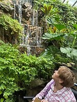 Joke kijkt op naar de waterval