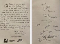 Afscheidsbriefje bij het ontbijt bij Hotel Nicolli