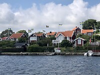 Een hoop Zweedse vlaggen in Zweden.