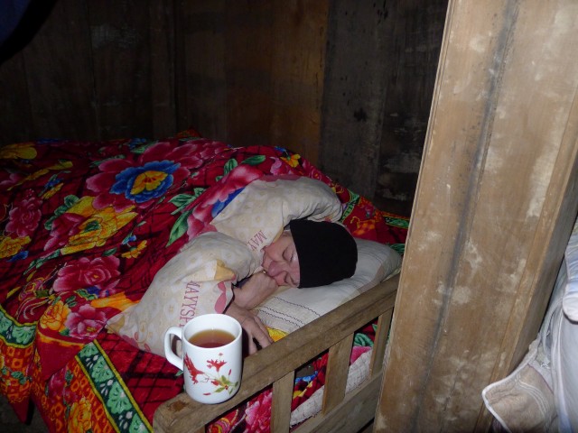 Ellen in our makeshift beds