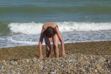 Pat attempting to walk on the beach
