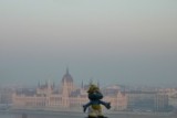 Smurf outside Budapest Parliament