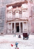 Smurf passing the pink Al-Khazneh (Treasury) in Petra