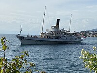 One of two antique wheel boats frequenting the east side of Lac Leman or Lake Geneva