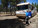 Holly and Hubs in front of Raha (the motorhome), wildcamping near the Grand Canyon!