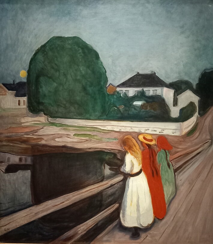 Drie meisjes op een brug