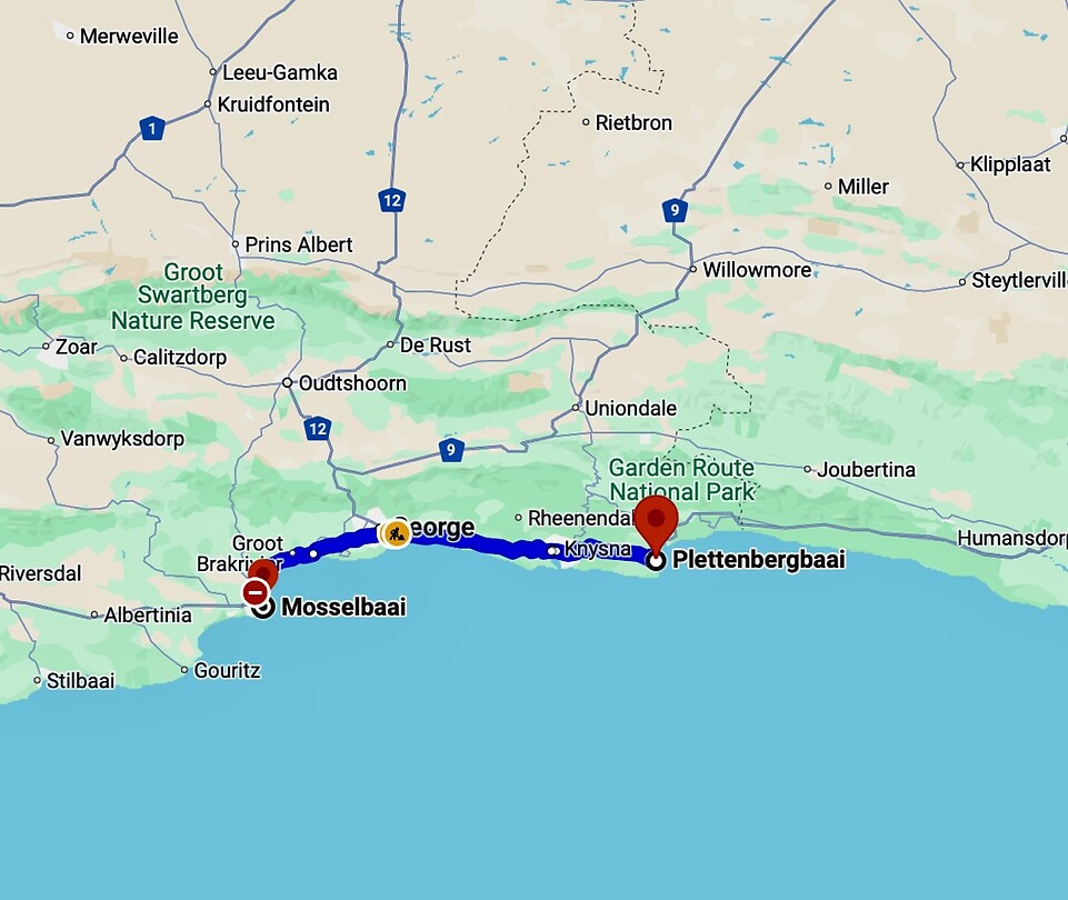 Route van Plettenberg naar Mosselbaai