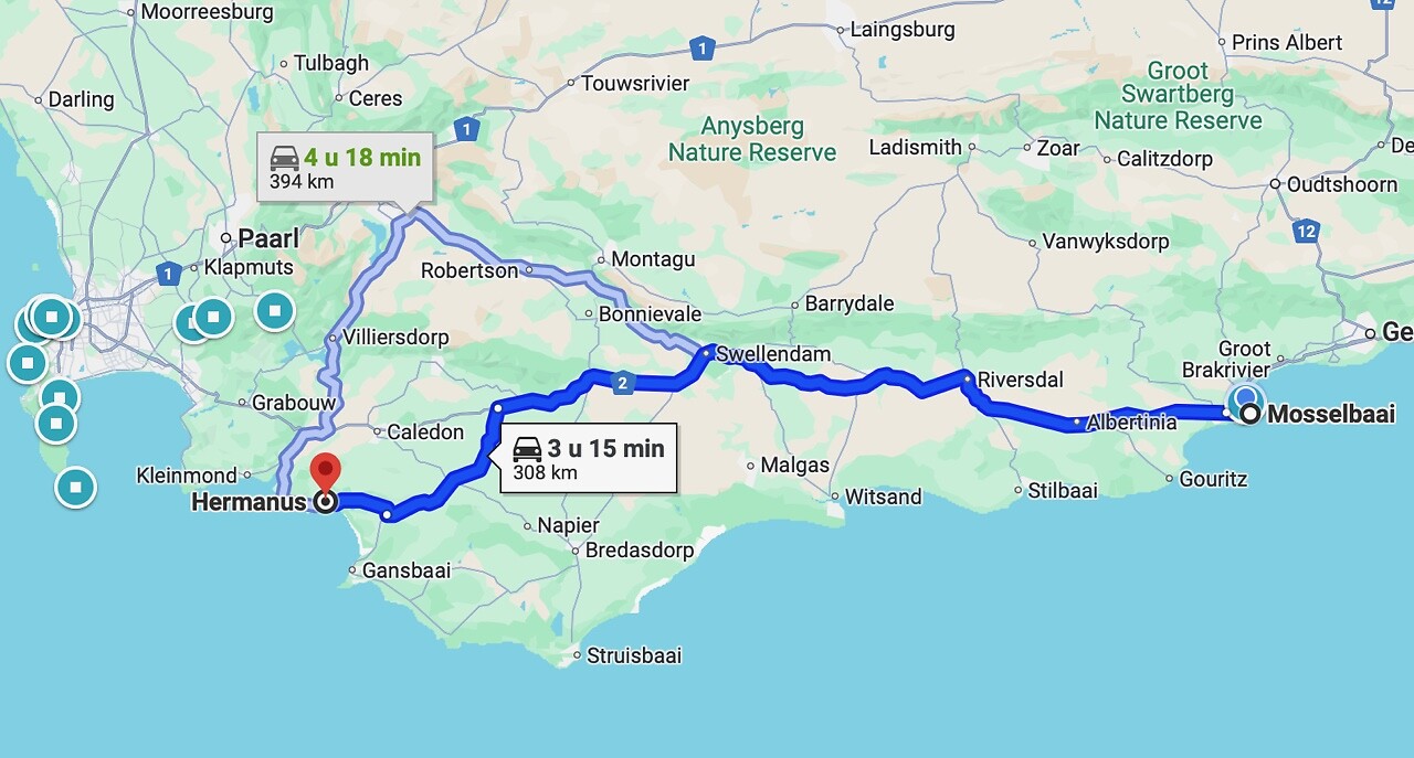 Route van Mosselbaai naar Hermanus