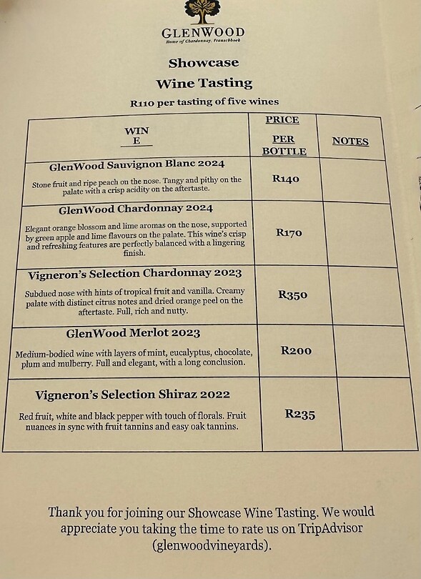 Wine tasting menu Glenwood