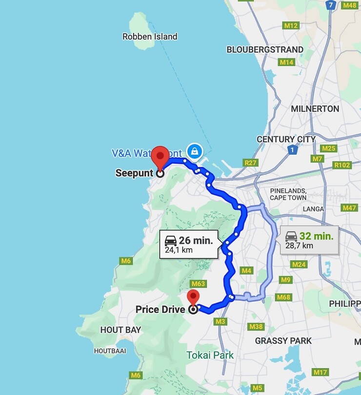 Route van Kaapstad naar Constantia