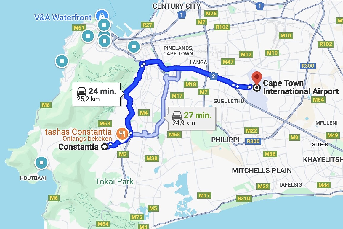 Route van Constantia naar airport Capetown