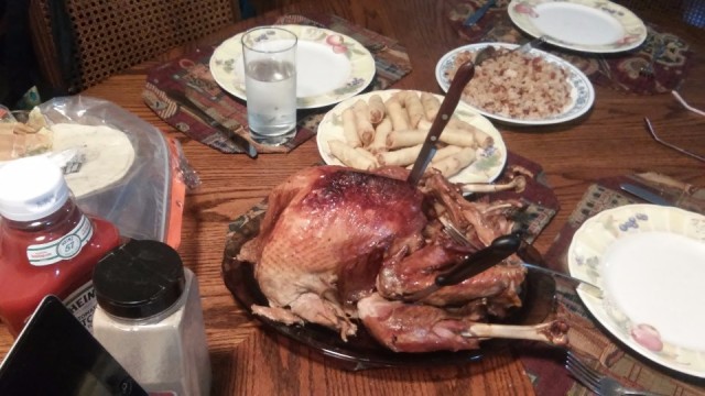Turkey with fried rice spring rolls