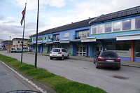 One of the many blue business or commercial buildings in Sortland