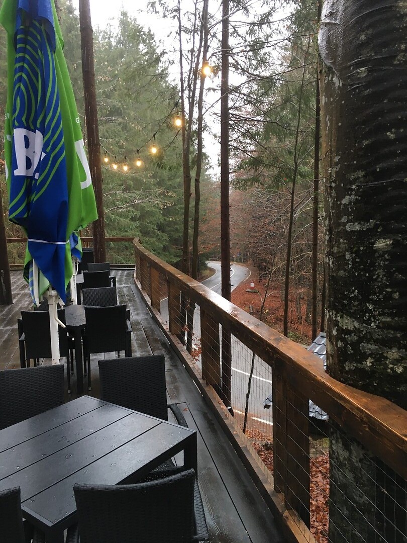Het outdoor eetgedeelte van het boomhutten restaurant