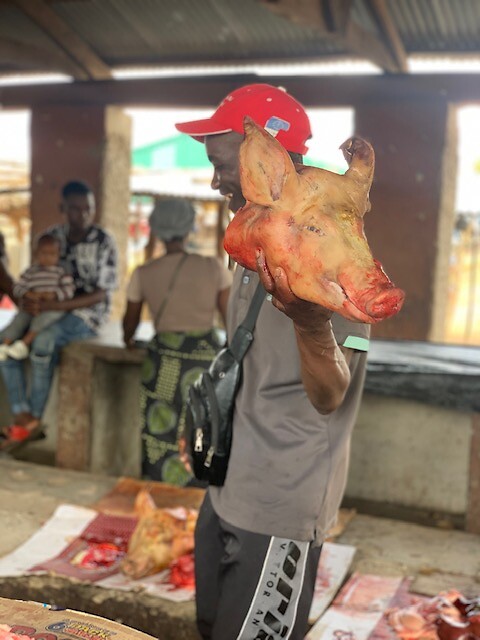 varkenskop op markt in Katete