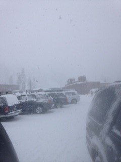 The parking lot view, misty.