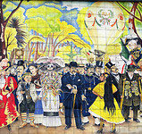 MC. Fragment van muurwerk van Diego Rivera. Frida Kahlo staat links van het skelet