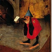 Vogel met brief. Detail van De Heilige Antonius, Jheronimus Bosch