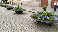 De bloemen zijn geplant in de bakken