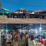 De night market (boven) overdag (onder) na zonsondergang