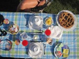 Ons vorstelijk ontbijt in de tuin van b&b waar we met de tent in de tuin stonden