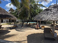 Op de strandbedden van het hotel