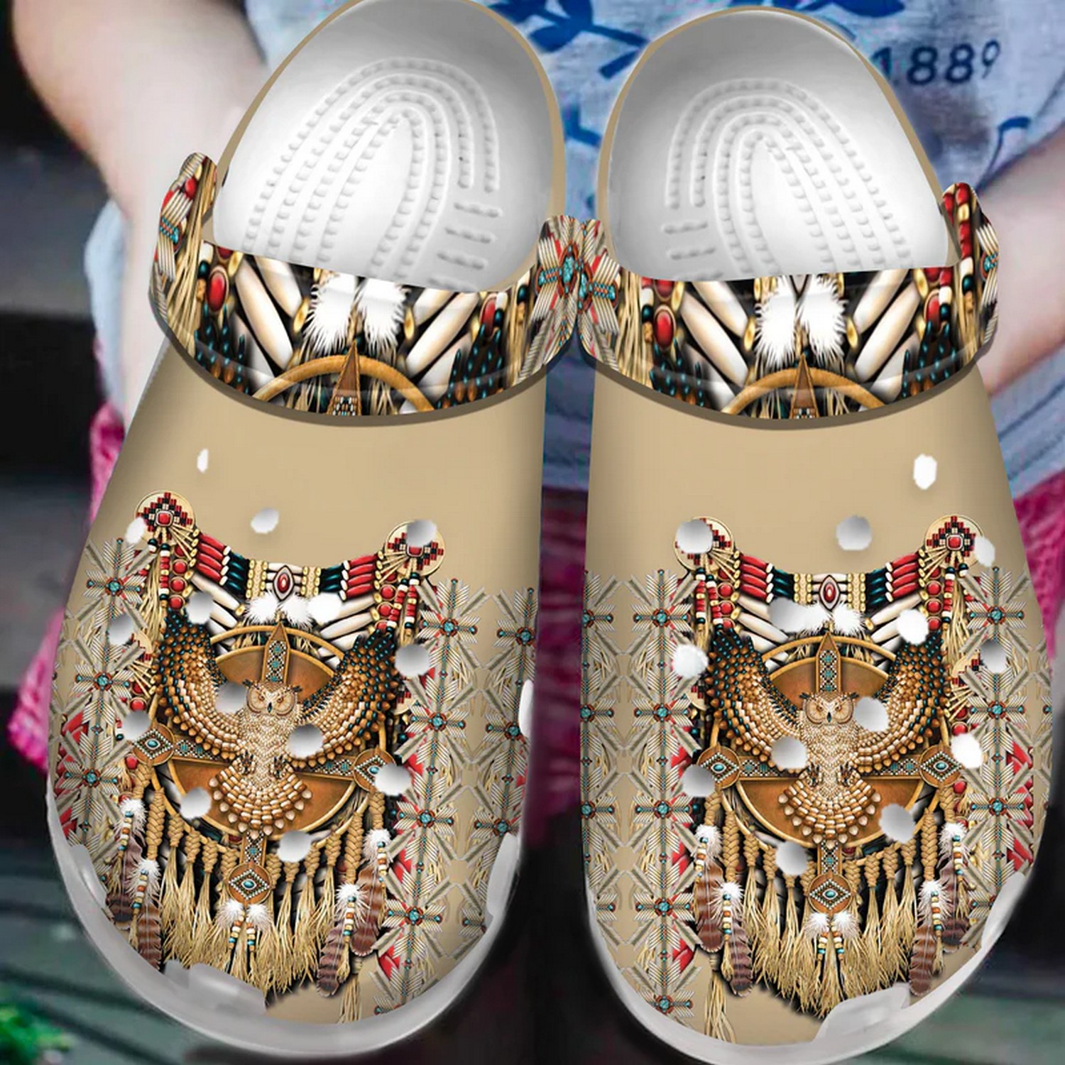 Eagle And Native Pattern Beigi Clogs Fast Shipping Available