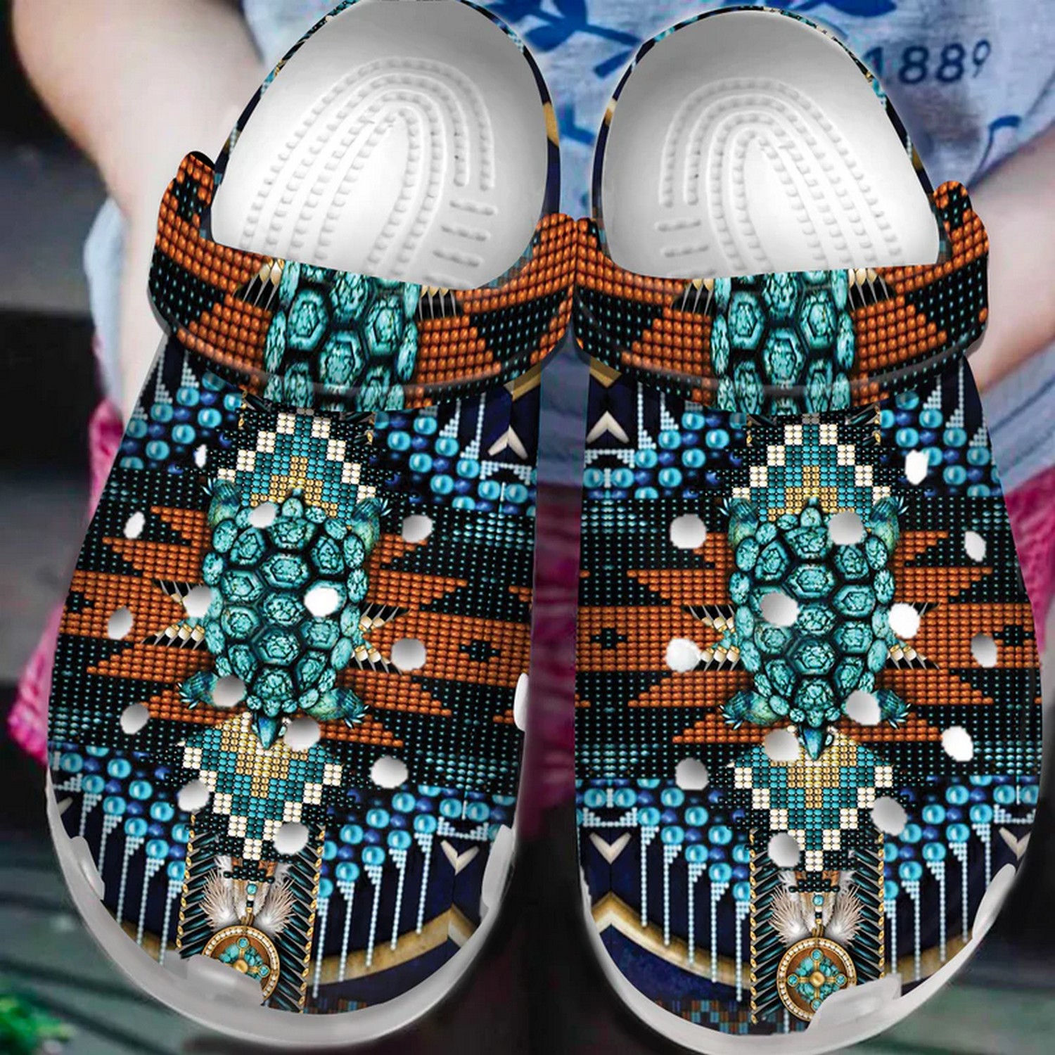 Jade Turtle And Brown Gem Unique Native Pattern Clogs For Kids And Adults Fast Shipping