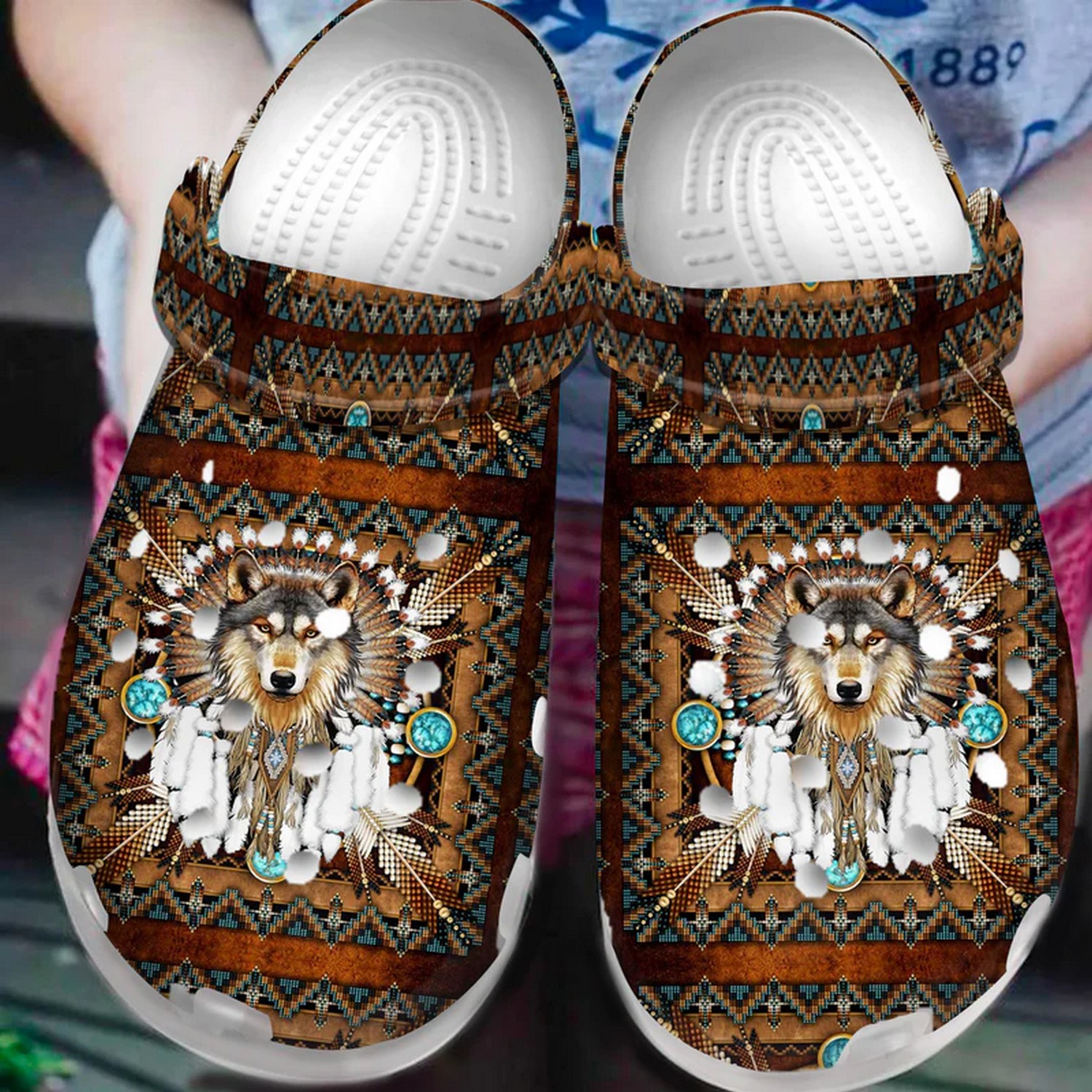 Wolf And Feather Native Pattern Brown Clogs Fast Shipping Available