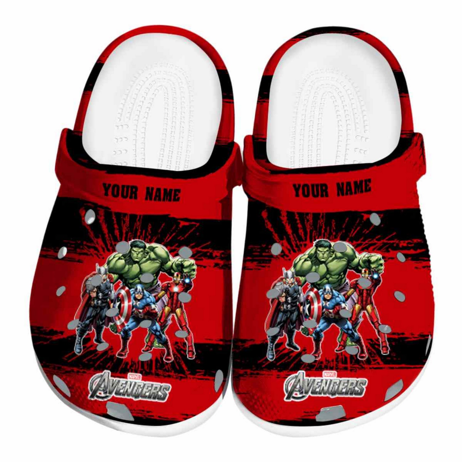 Custom Name Avengers Paint Splatter Graphics Clogs For Kids & Adults
