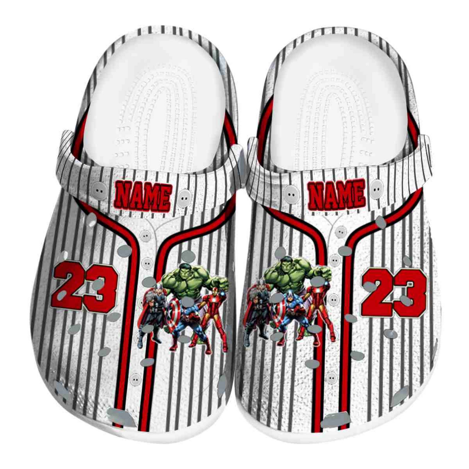 Custom Name Avengers Pinstripe Pattern Clogs For Kids And Adults