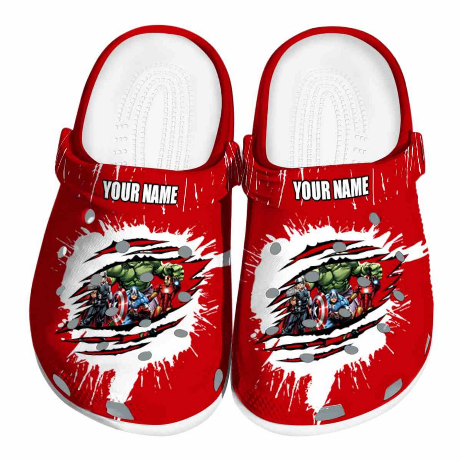 Custom Name Avengers Splash Motif Background Clogs For Kids & Adults