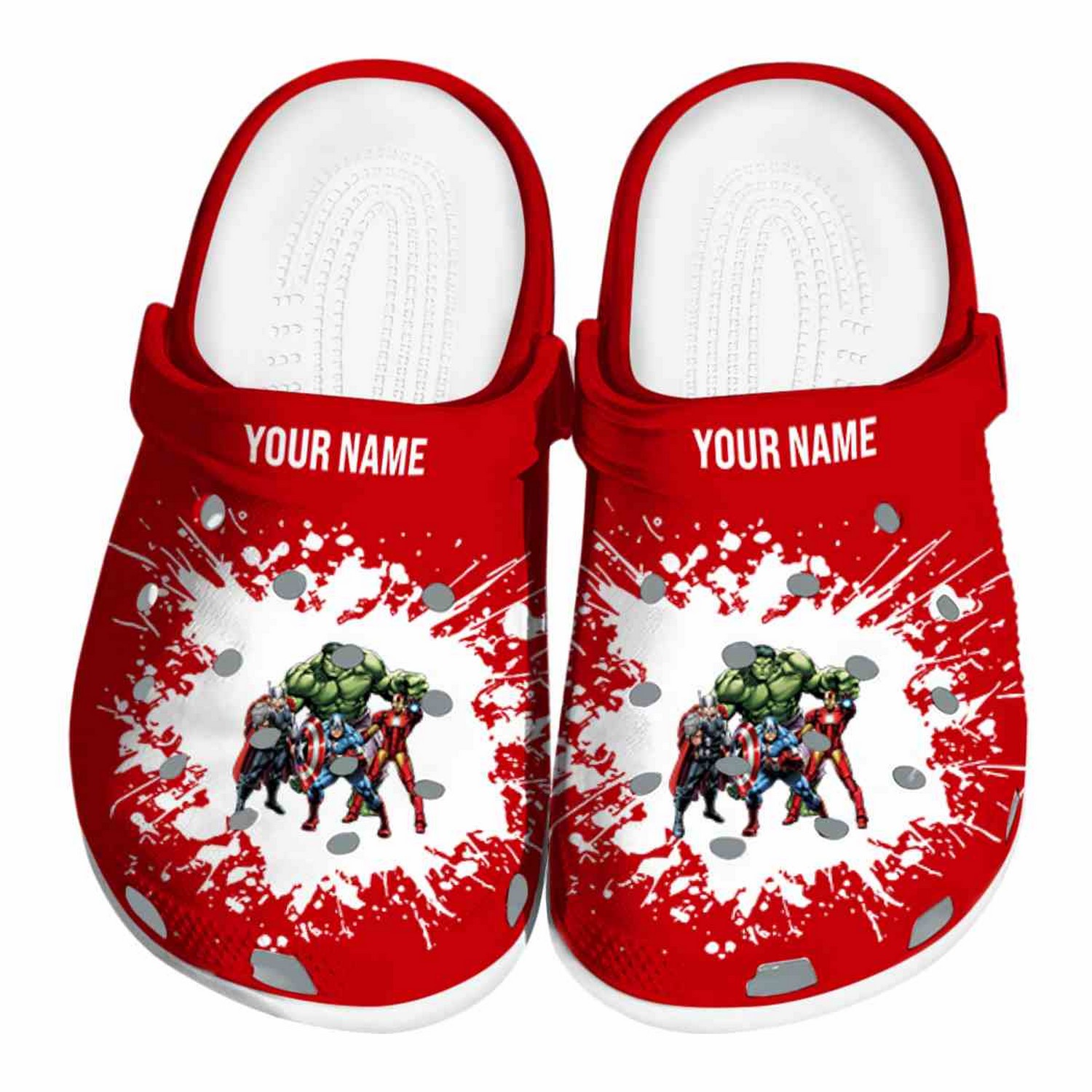 Custom Name Avengers Splatter Background Clogs For Kids & Adults